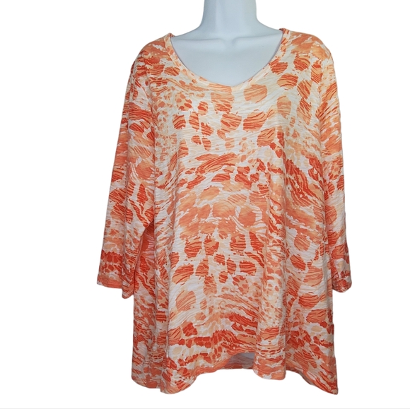 CHICO'S Orange White Print High Low Hem Tunic Tee 3/4 Sleeve V Neck Sz 3 XL - Picture 1 of 5
